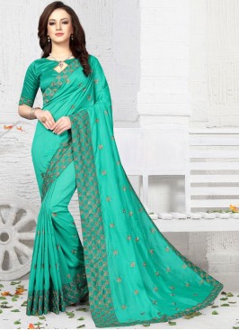 Groovy Sea Green Embroidered Art Silk Designer Traditional Saree