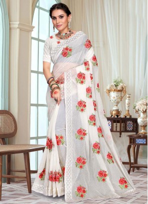 Groovy White Embroidered Saree