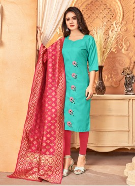 Handloom Cotton Embroidered Pant Style Suit in Sea Green