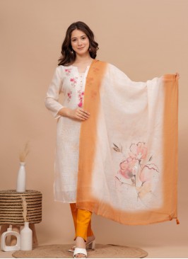 Handloom Cotton Printed Readymade Suit in White