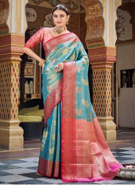 Handloom silk Blue Weaving Contemporary Style Saree