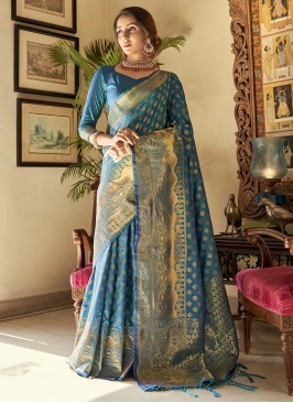 Handloom silk Blue Weaving Trendy Saree