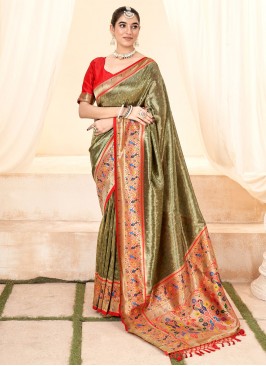 Handloom silk Green Jacquard Work Contemporary Style Saree
