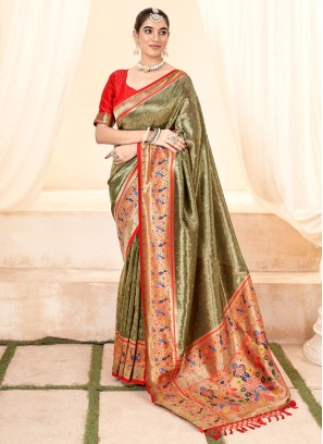 Handloom silk Green Jacquard Work Contemporary Style Saree
