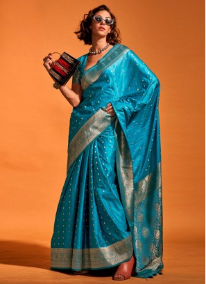 Handloom silk Weaving Aqua Blue Classic Saree