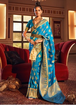 Handloom silk Weaving Contemporary Saree in Aqua Blue