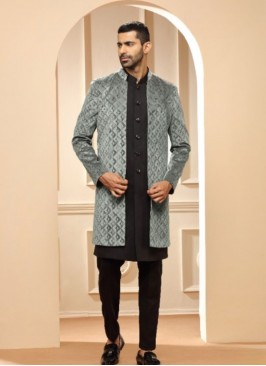 Handsome Black And Grey Terry Rayon Indowestern Suit