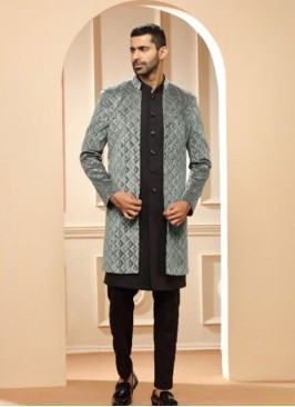 Handsome Black And Grey Terry Rayon Indowestern Su