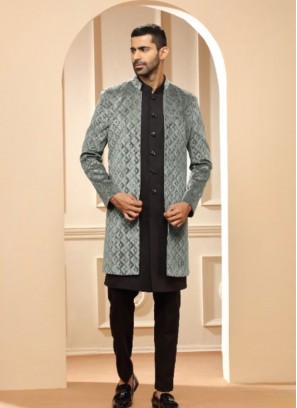 Handsome Black And Grey Terry Rayon Indowestern Suit