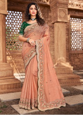 Handwork Net Classic Saree in Peach