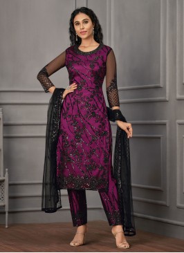 Handwork Net Trendy Salwar Suit in Magenta