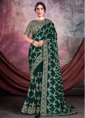 Handwork Organza Trendy Saree in Green