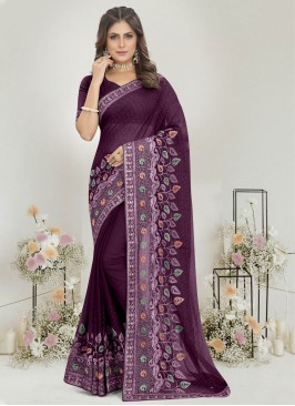 Haute Embroidered Purple Chiffon Satin Traditional Saree