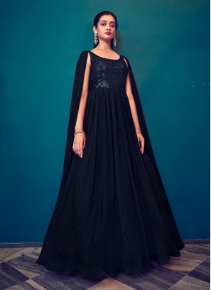 Haute Navy Blue Thread Work Georgette Gown 