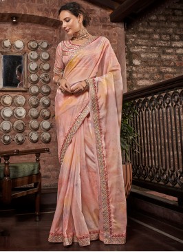 Haute Pink Digital Print Organza Contemporary Saree