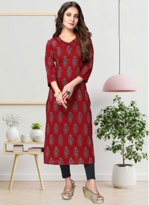 Haute Printed Maroon Cotton Designer Kurti