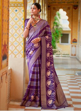 Haute Purple Foil Print Silk Classic Saree