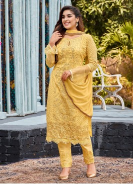 Heavenly Faux Georgette Yellow Embroidered Designer Straight Suit