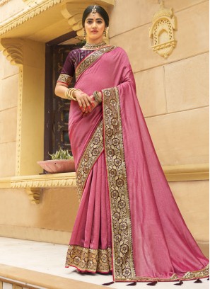 Heavenly Pink Embroidered Vichitra Silk Classic Saree