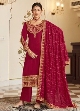 Heavenly Thread Work Maroon Vichitra Silk Trendy Salwar Kameez