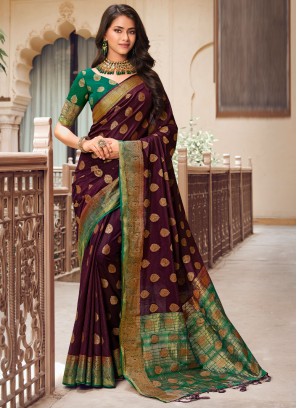 Heavenly Woven Purple Raw Silk Trendy Saree