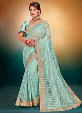 Honourable Embroidered Aqua Blue Designer Saree