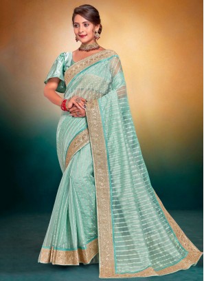 Honourable Embroidered Aqua Blue Designer Saree