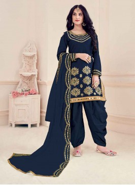 Honourable Mirror Silk Blue Designer Semi Patila Salwar Suit