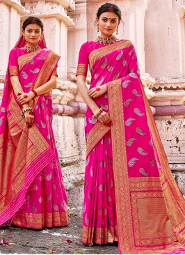 Hot Pink Color Banarasi Silk Fancy Saree