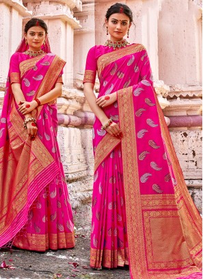 Hot Pink Color Banarasi Silk Fancy Saree