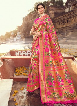 Hot Pink Color Zari Work Silk Saree