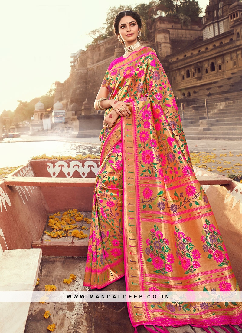 Hot Pink Color Zari Work Silk Saree
