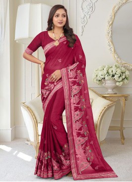 Hot Pink Georgette Resham Designer Saree