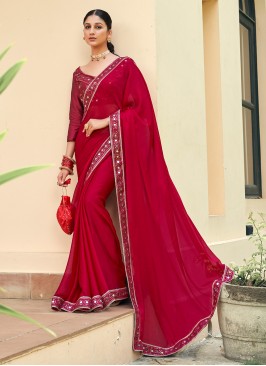 Hot Pink Handwork Ceremonial Trendy Saree