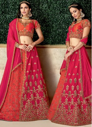 Hot Pink Jacquard Silk Lace Lehenga Choli
