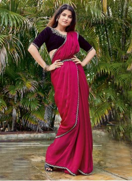 Hot Pink Satin Silk Border Designer Saree