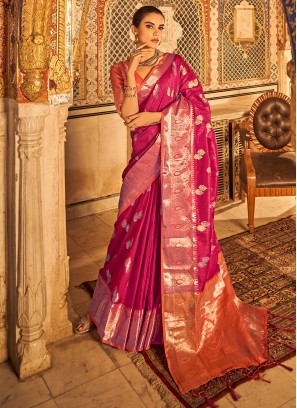 Hot Pink Tussar Silk Contemporary Style Saree