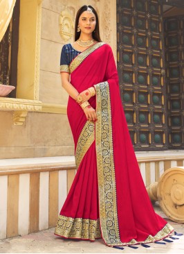 Hot Pink Vichitra Silk Embroidered Contemporary Saree