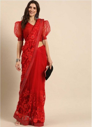 Hot Red Color Net Party Wear Saree