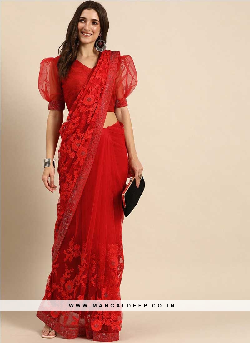 Hot Red Color Net Party Wear Saree