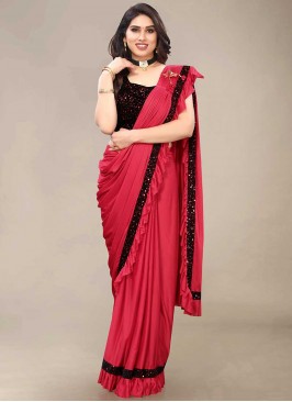 Hot Red Color Poly Crepe Frill Saree