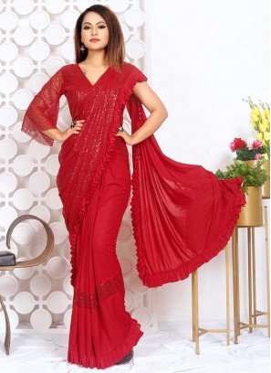 Hot Red Color Ready To Wear Saree