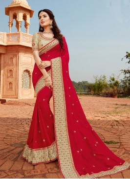 Hot Red Color Silk Embroidered Saree