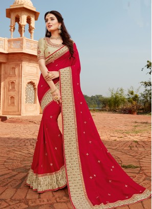 Hot Red Color Silk Embroidered Saree