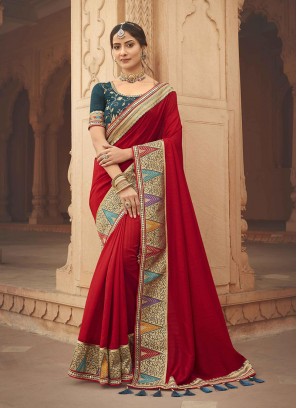 Hot Red Color Silk Party Saree
