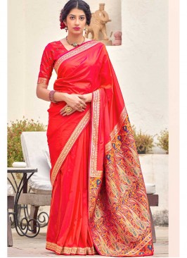 Hot Red Color Silk Tradiotional Wear Saree
