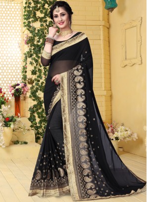 Hypnotic Black Embroidered Classic Saree