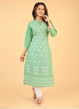 Hypnotic Cotton Sea Green Printed Party Wear Kurti