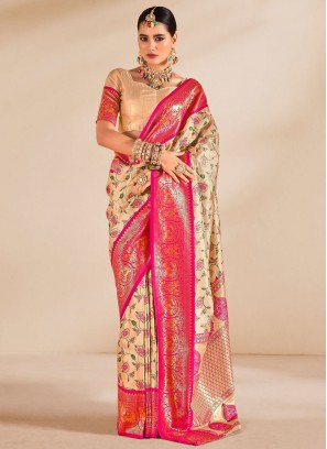 Hypnotic Cream and Rani Weaving Designer Saree