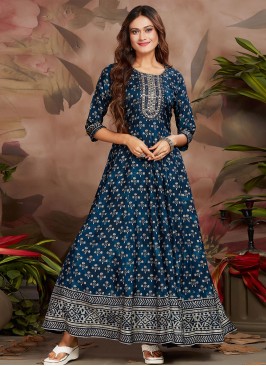 Hypnotic Digital Print Silk Blue Designer Gown